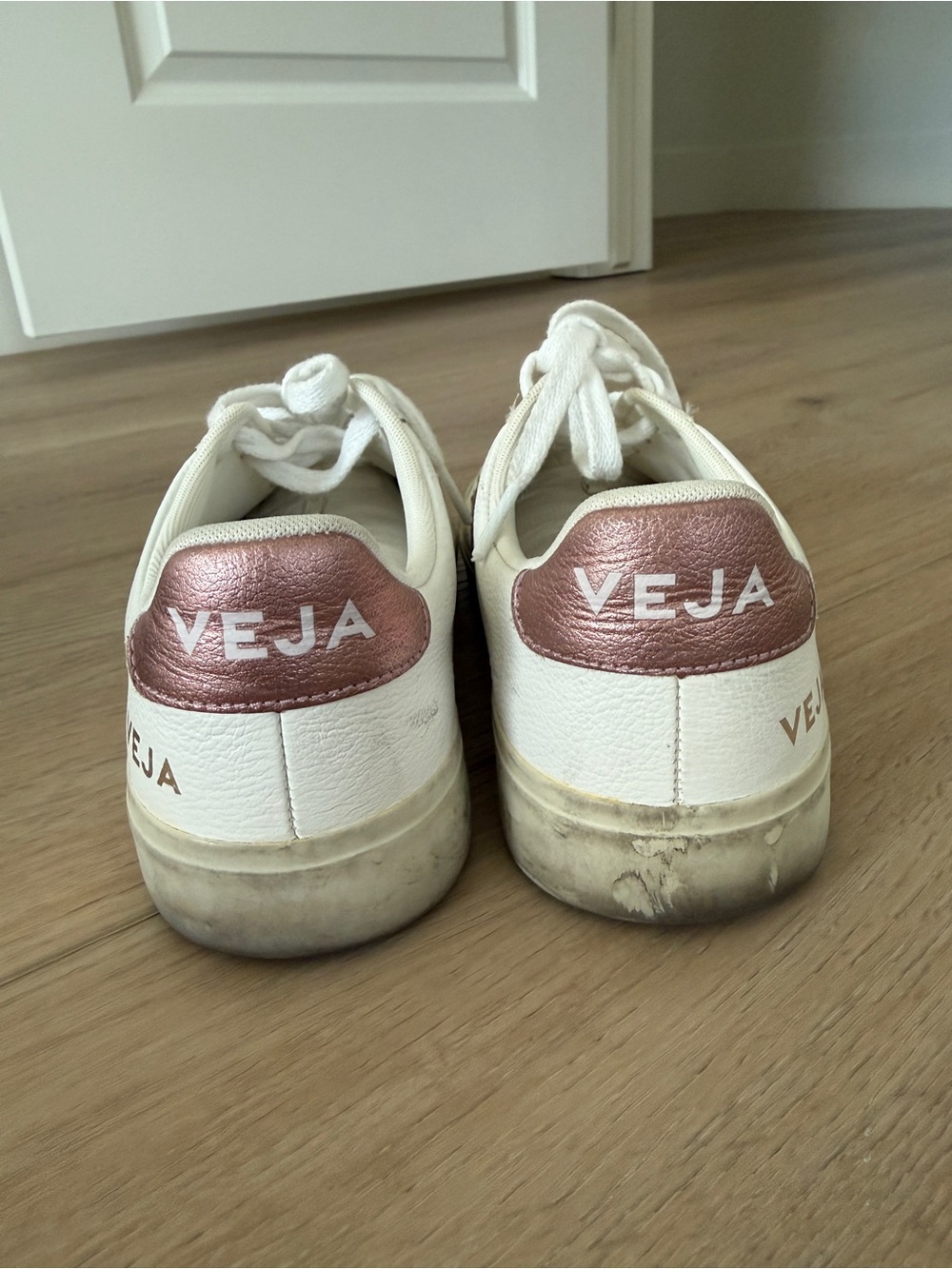 Veja Women’s White Leather Sneakers with Rose Metallic Detail - Picture 3 of 5